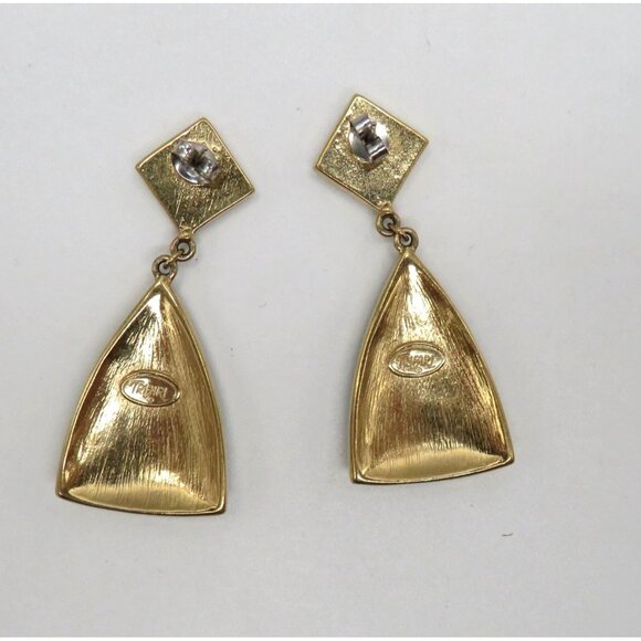 Vintage Trifari Earrings Gold Tone Green Marbled Enamel Triangle Dangle - Picture 8 of 10
